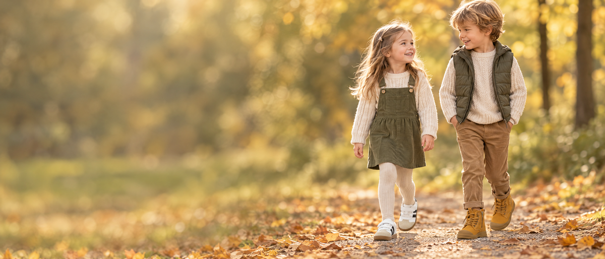 Zwei Kinder mit EBMINI Barfußschuhen im Herbstpark